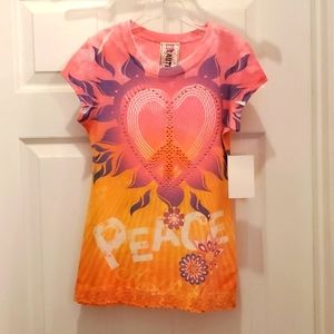 Beautees Super Cute Girl's Small Peace Heart Shirt with Lace Rhinestones